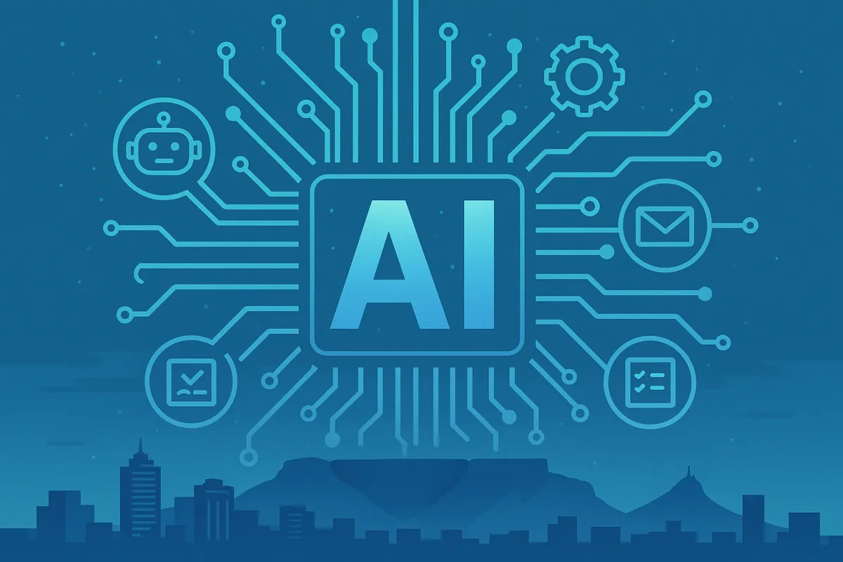 AI automation circuits and technology icons representing AI solutions and services for Cape Town businesses