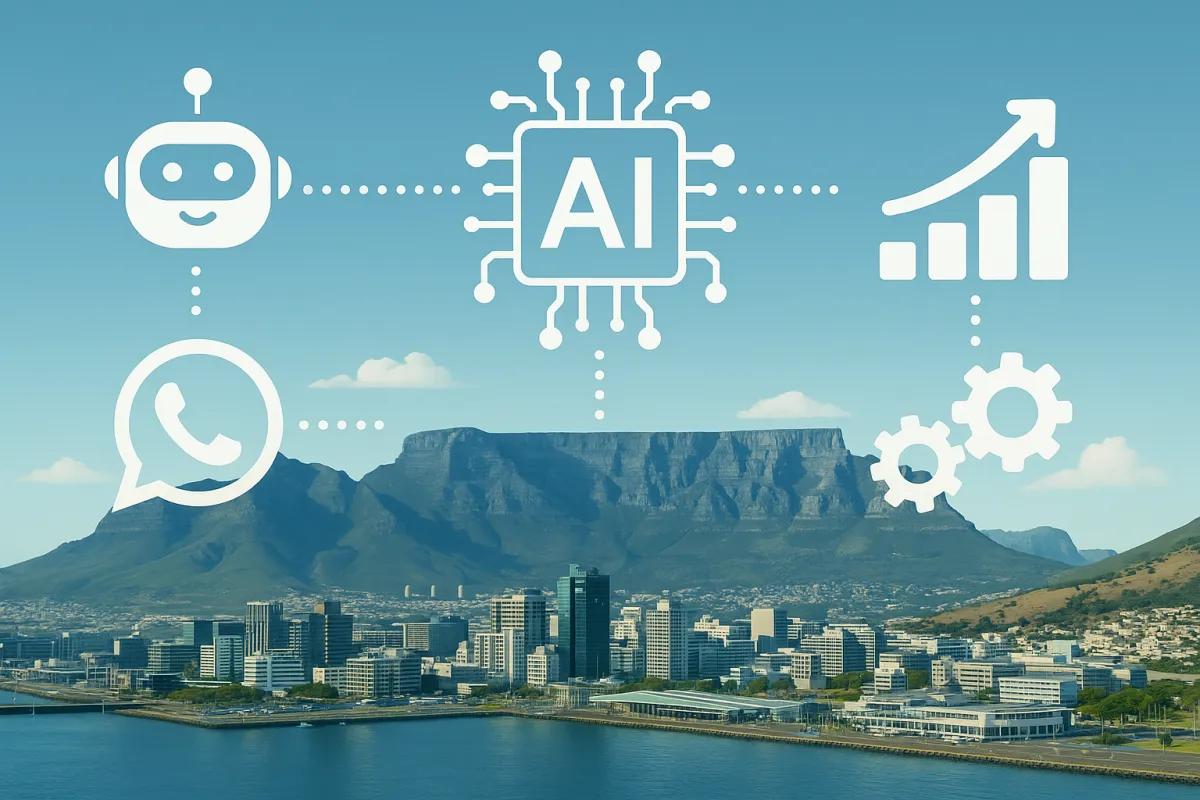 Illustration of Cape Town’s skyline overlaid with AI icons—chatbots, analytics graphs, and automation gears