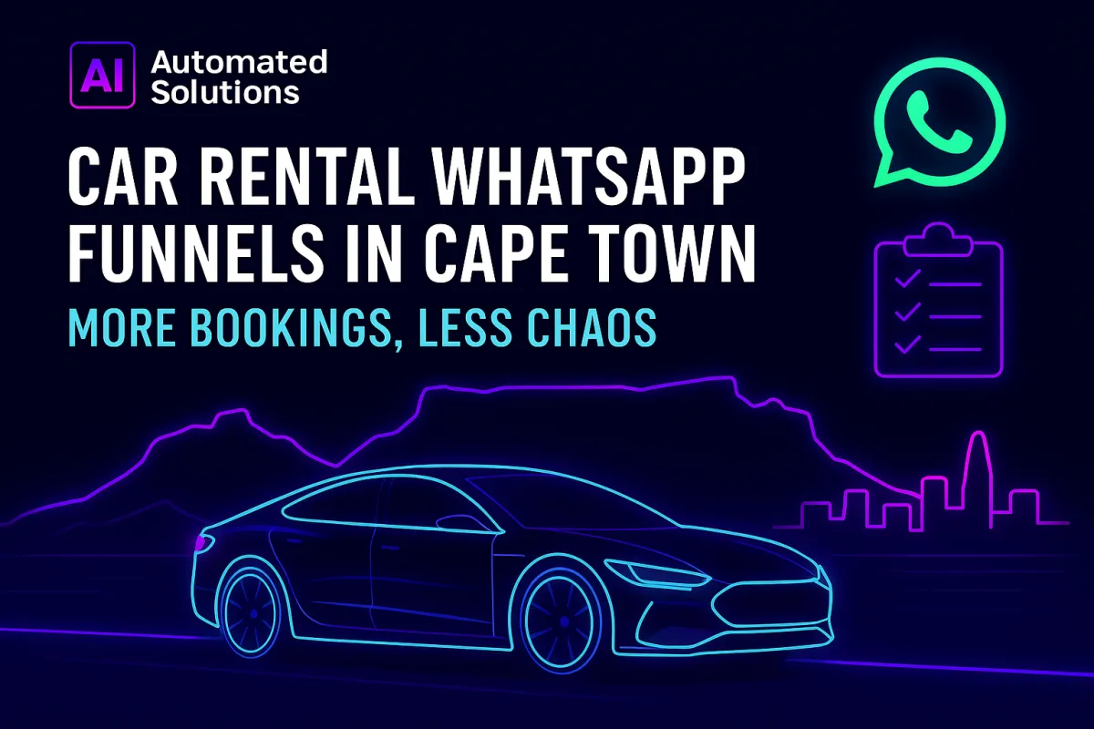 Car Rental WhatsApp Funnels in Cape Town — AI Automated Solutions. Futuristic neon design with electric car, WhatsApp icon, and Table Mountain outline showing streamlined bookings.