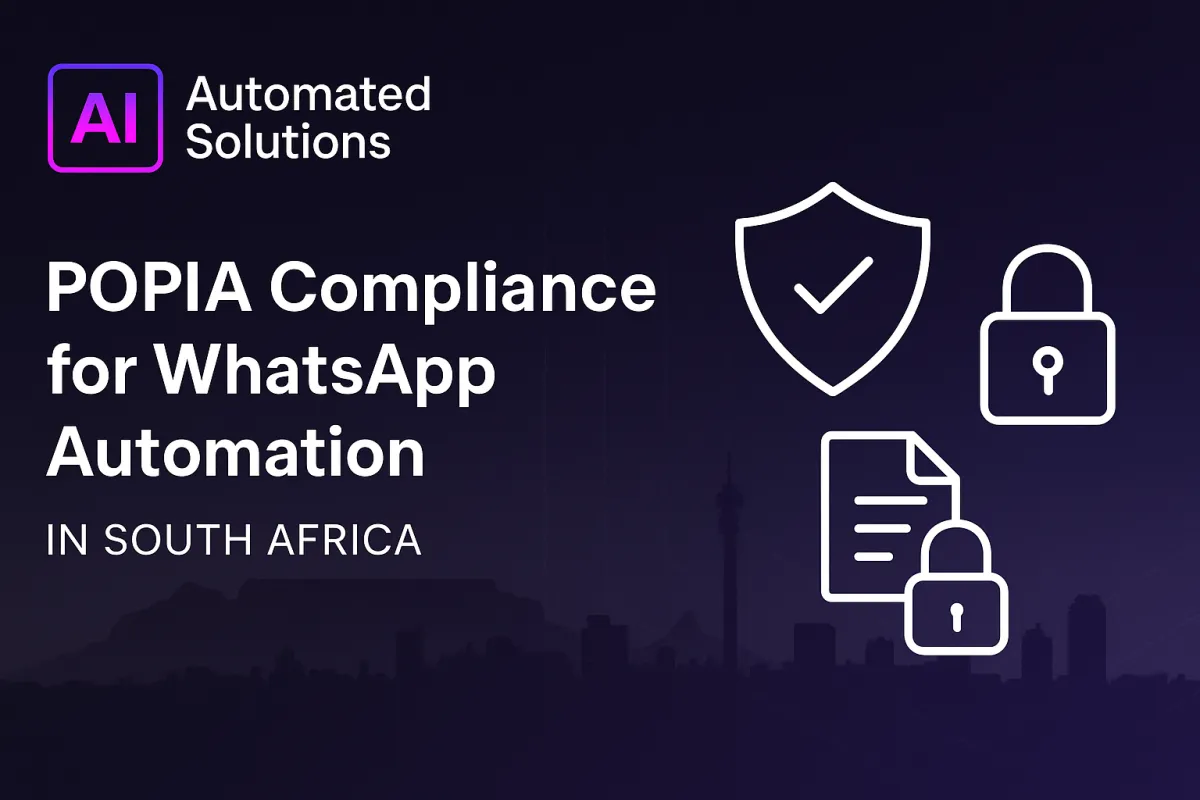 POPIA compliance for WhatsApp automation in South Africa — AI Automated Solutions. Clean professional design with shield, lock, and document icons over a faded Johannesburg skyline background.