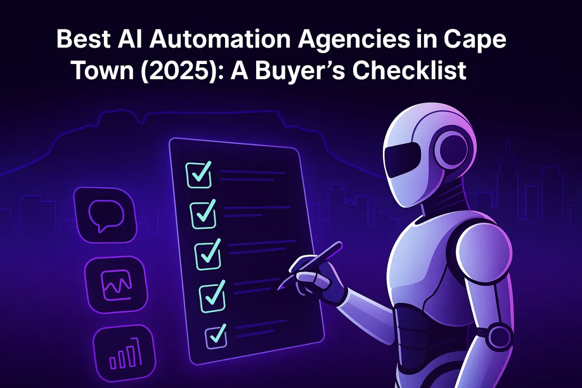 Best AI automation agencies in Cape Town 2025 — buyer’s checklist. Futuristic illustration with Table Mountain outline, humanoid robot writing on glowing checklist, and AI icons for chat, voice, and CRM.
