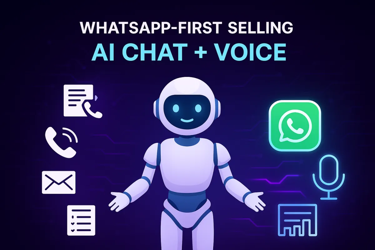 WhatsApp-first selling — AI Automated Solutions illustration of a friendly humanoid robot transforming manual tasks like phone calls, emails, and paperwork into automated WhatsApp messaging, AI voice, and CRM workflows.