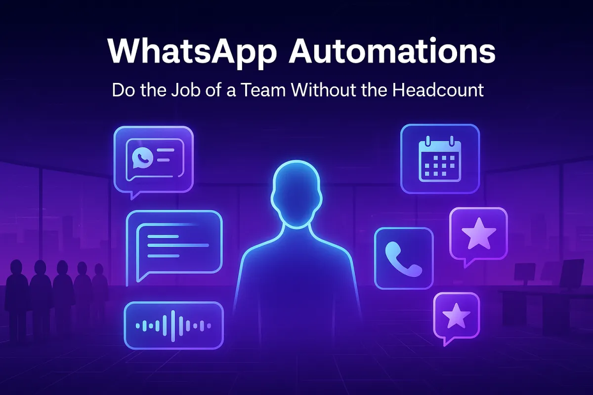 WhatsApp automations — futuristic office with glowing AI hologram assistant surrounded by icons for chat, calls, calendar, and reviews, showing automation doing the job of a team without extra headcount.