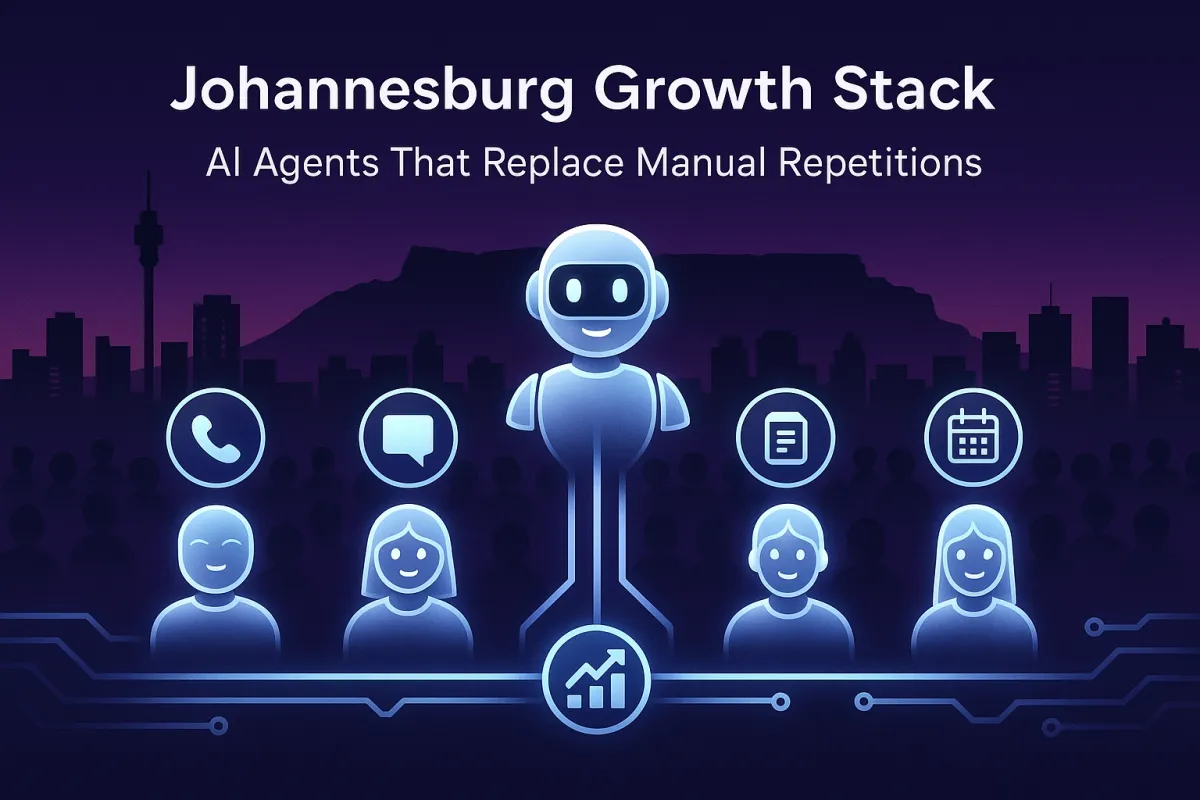 Johannesburg Growth Stack — futuristic AI agents handling calls, chats, documents, and scheduling, connected to revenue growth with city skyline backdrop