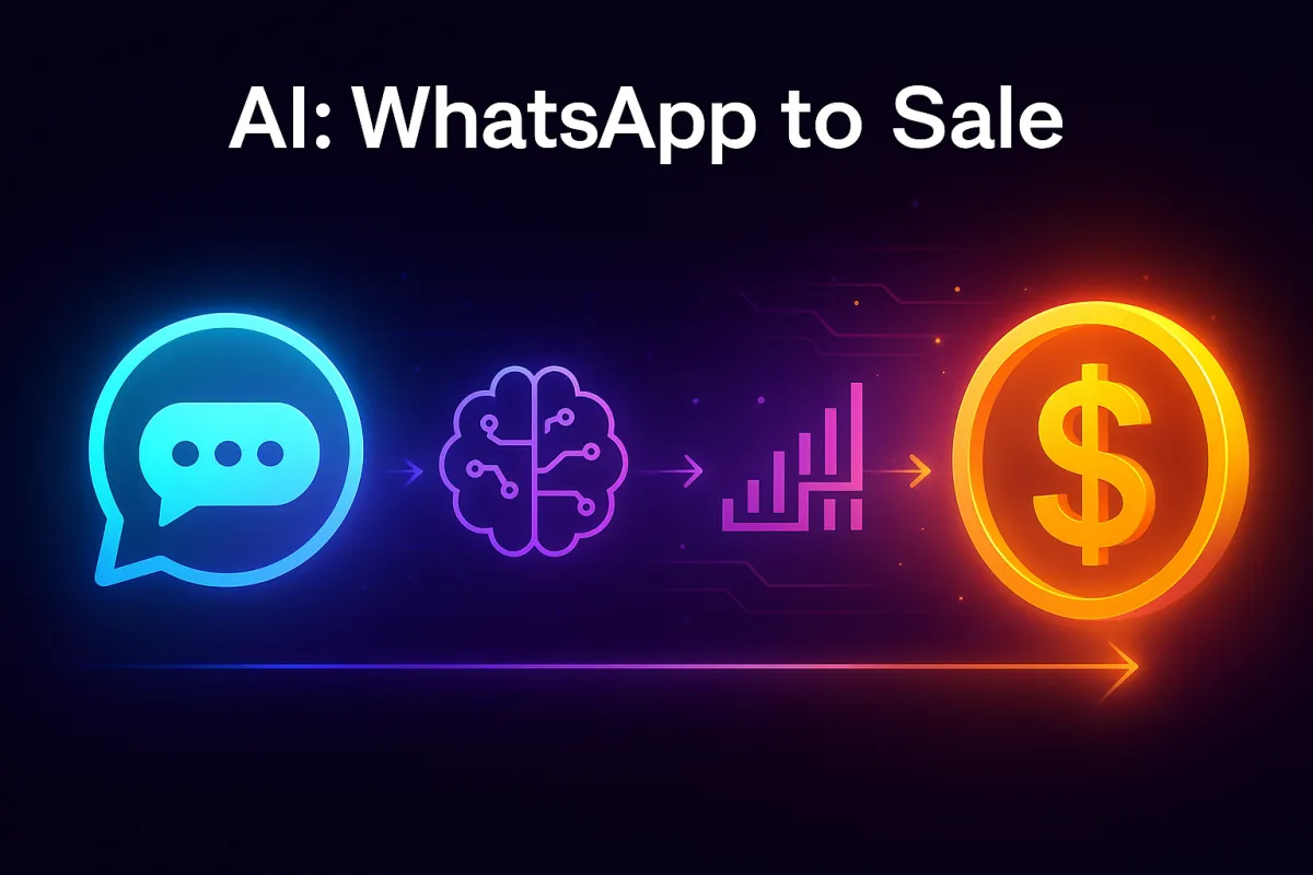 “Futuristic infographic showing AI transforming WhatsApp chats into revenue with stages: chat bubble, AI brain, data graph, and glowing coin.