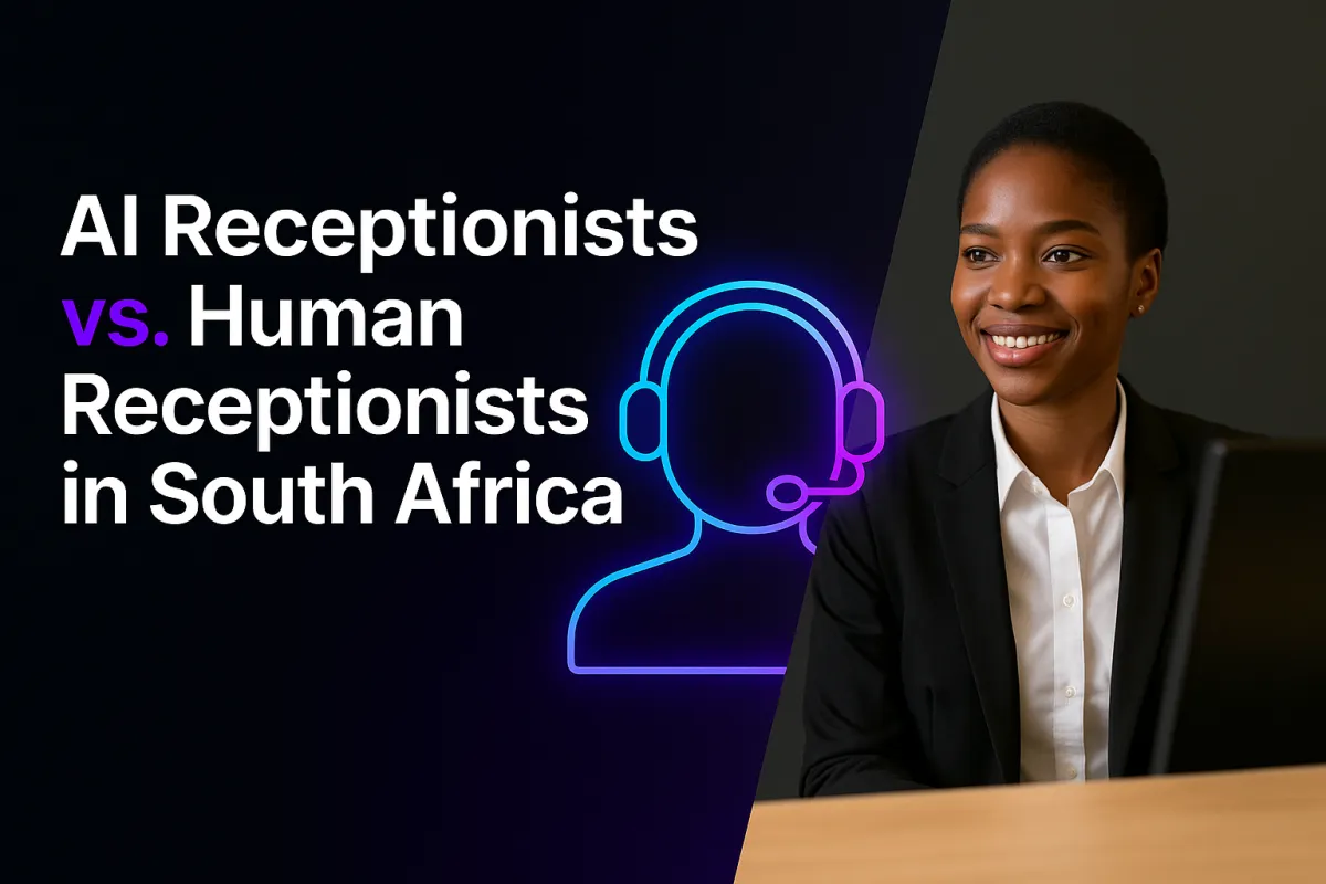 “AI Receptionists vs. Human Receptionists in South Africa.” On the right, a professional human receptionist in a suit smiles while seated at a desk, symbolizing the comparison.