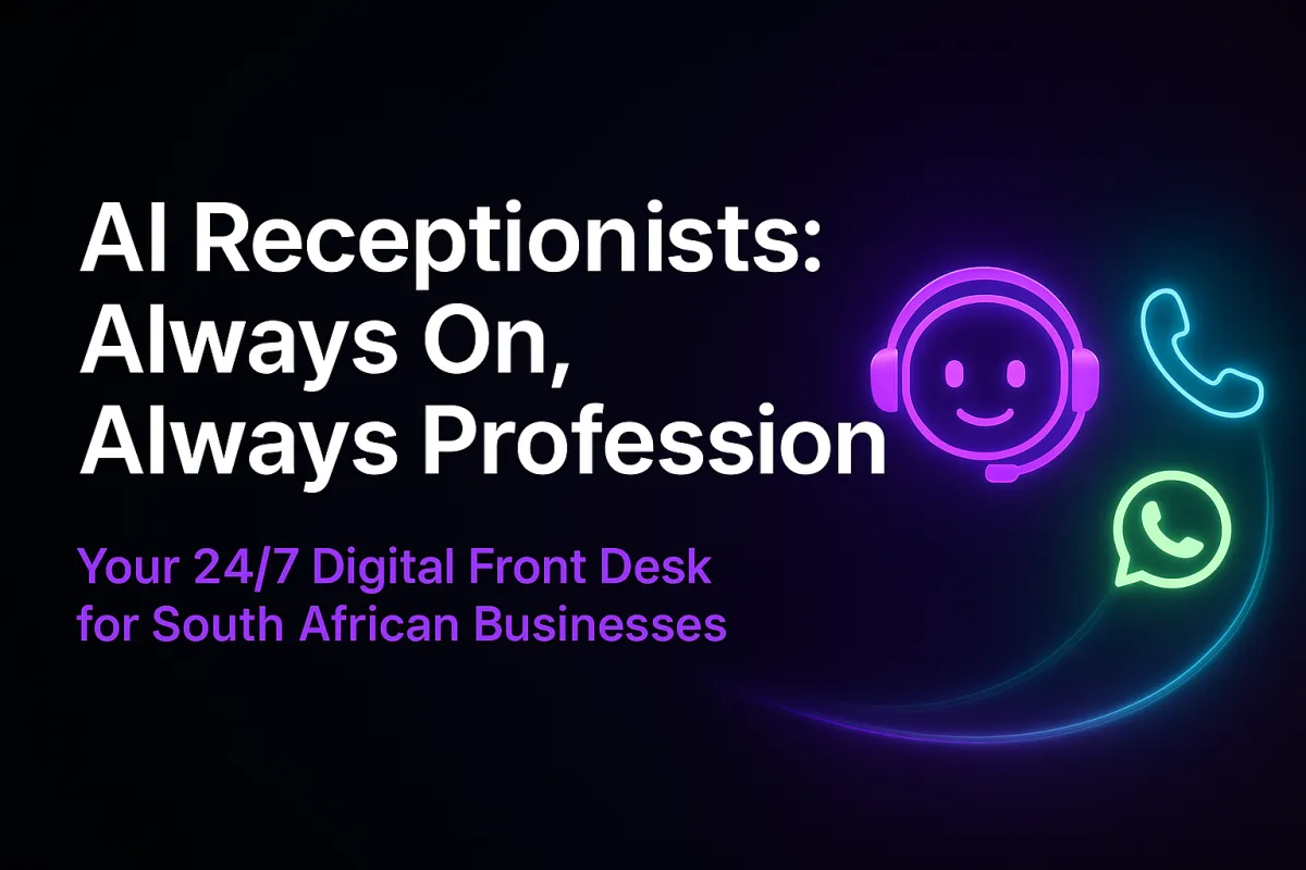 A 600×400 blog image with a dark purple gradient background. On the left, bold white text reads “AI Receptionists: Always On, Always Professional,” with a subtitle in purple “Your 24/7 Digital Front Desk for South African Businesses.” On the right, glowing neon icons display a smiling AI robot headset, phone symbol, and WhatsApp bubble connected by curved neon trails.