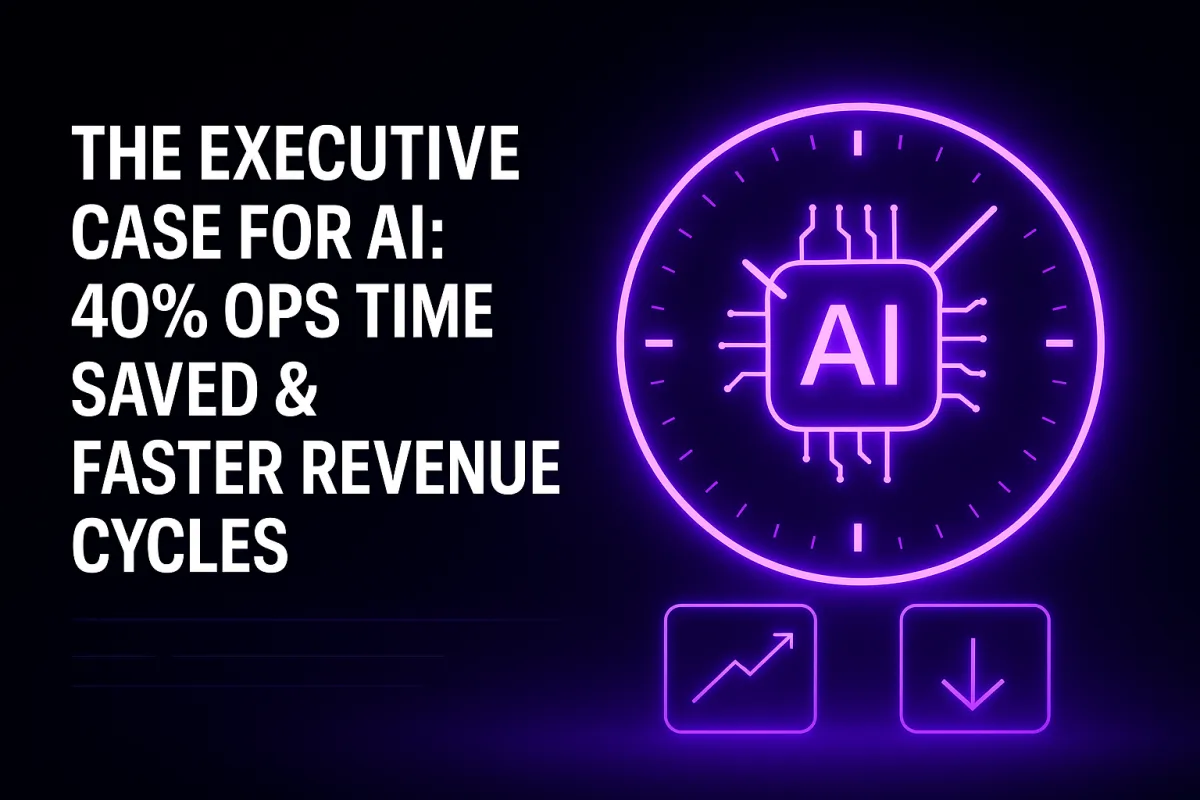 600×400 cover in deep black with hyper-neon purple accents; title ‘The Executive Case for AI — 40% Ops Time Saved & Faster Revenue Cycles’; right side shows a glowing AI chip inside a neon clock ring (time saved) with a rising sparkline tile and a downward cycle-time arrow; sleek, minimal, board-ready.”