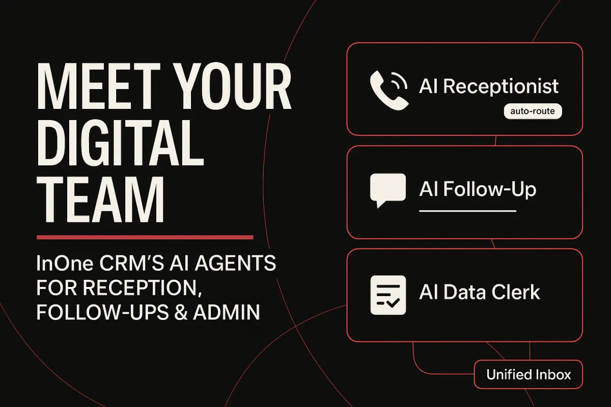 Black poster with dark-red accents: “Meet Your Digital Team” — InOne CRM UI cards for AI Receptionist, AI Follow-Up, and AI Data Clerk, connected to a “Unified Inbox.”