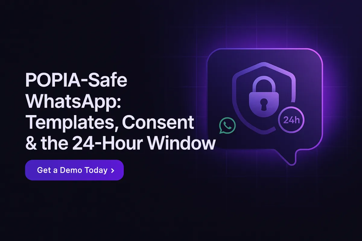 Dark-themed 600×400 blog cover with neon-purple glows on a subtle tech grid. Left side shows the title “POPIA-Safe WhatsApp: Templates, Consent & the 24-Hour Window” and a pill CTA button reading “Get a Demo Today.” Right side visual: a sleek chat bubble with a shield/lock and a small “24h” clock, plus a tiny WhatsApp icon—minimal, modern, and AI-inspired.