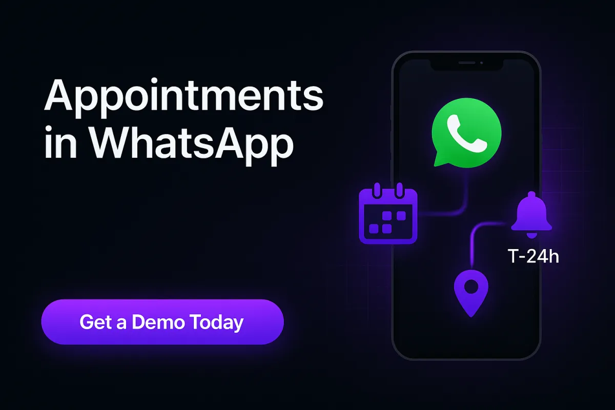 Dark 600×400 cover in AI Automated Solutions’ style. Left: title “Appointments in WhatsApp” and a purple pill CTA “Get a Demo Today.” Right: smartphone with the WhatsApp logo; glowing purple lines branch to a calendar icon, a map pin, and a bell labeled “T-24h,” all on a subtle tech grid background.