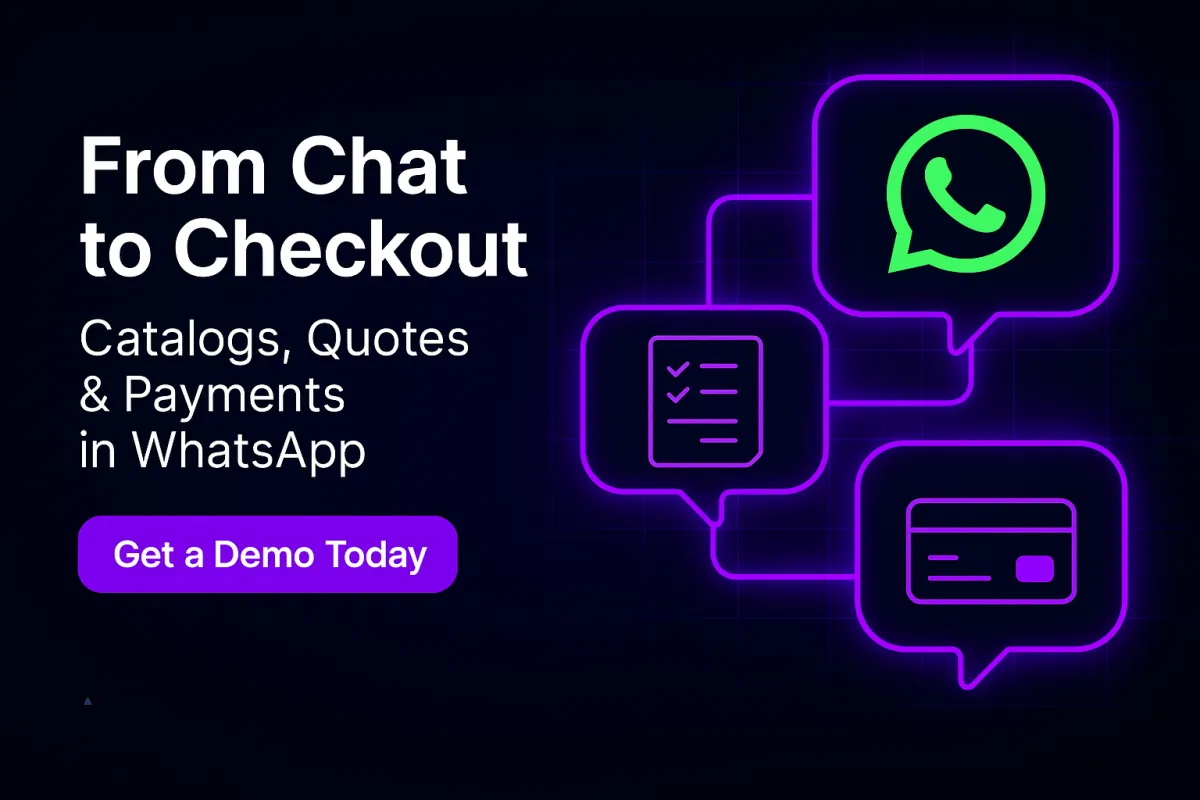 Dark 600×400 cover in AI Automated Solutions’ style. Left: headline “From Chat to Checkout — Catalogs, Quotes & Payments in WhatsApp” with a purple pill CTA “Get a Demo Today.” Right: three glowing chat bubbles connected by neon lines—top shows the WhatsApp logo, middle a checklist (quote), bottom a credit-card (payment)—on a subtle tech grid background.