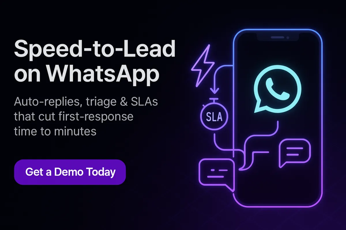 Dark 600×400 cover in AI Automated Solutions’ style. Left: headline “Speed-to-Lead on WhatsApp” with subhead “Auto-replies, triage & SLAs that cut first-response time to minutes” and a purple pill CTA “Get a Demo Today.” Right: neon outline smartphone with WhatsApp logo, connected SLA stopwatch, lightning bolt, and chat bubbles on a subtle grid background.