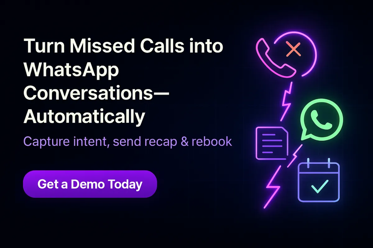 Dark 600×400 cover in AI Automated Solutions’ style. Left: title “Turn Missed Calls into WhatsApp Conversations—Automatically” with subhead “Capture intent, send recap & rebook,” plus a purple pill CTA “Get a Demo Today.” Right: a vertical neon flow—missed-call icon with an X → WhatsApp logo → recap document → calendar with tick—connected by lightning-bolt lines on a subtle tech grid.
