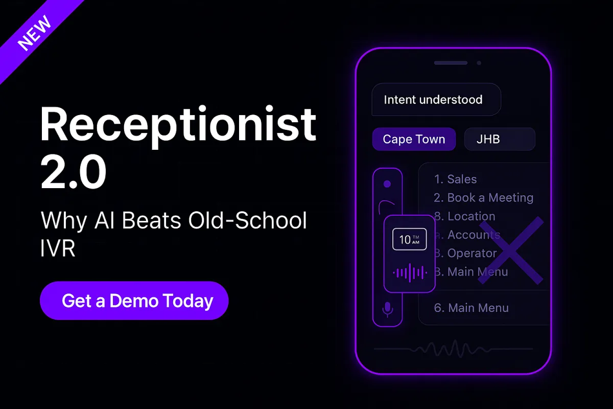 Dark 600×400 cover in AI Automated Solutions’ style. Left: title “Receptionist 2.0: Why AI Beats Old-School IVR,” subhead “Data-backed routing, bookings & SLAs,” and a purple pill CTA “Get a Demo Today.” Right: neon voice panel with a mic + waveform, region chips (Cape Town • JHB), booking slot buttons (09:30 / 11:00 / 14:30), a small WhatsApp badge, and a subtle “NEW BATCH” tag to mark the new series.