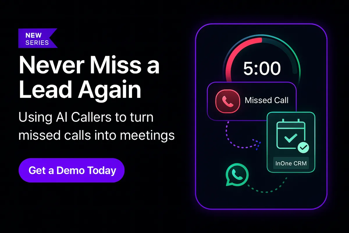 Dark 600×400 cover in AI Automated Solutions’ style. Left: title “Never Miss a Lead Again,” subhead “AI Callers turn missed calls into meetings,” and a purple pill CTA “Get a Demo Today.” Right: unique visual—red Missed Call alert morphs into a ringing AI Caller phone, then into a WhatsApp card with three time-slot buttons and a small 5-min SLA chip—on a subtle tech grid.