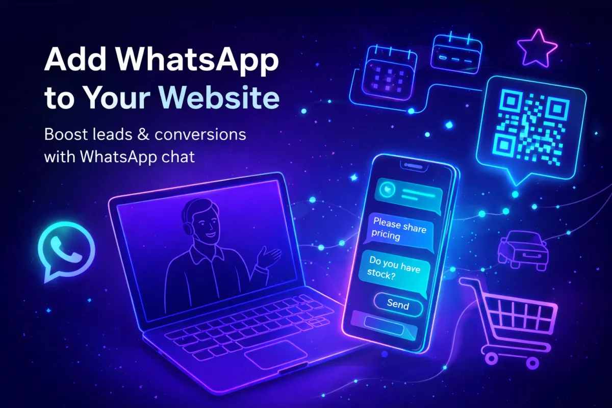 Modern futuristic illustration showing a laptop and smartphone connected by glowing lines, representing WhatsApp chat integration on a website. Neon blue and purple interface elements include chat messages, a QR code, calendar icons, and e-commerce symbols on a dark background, conveying automated customer communication and lead generation.