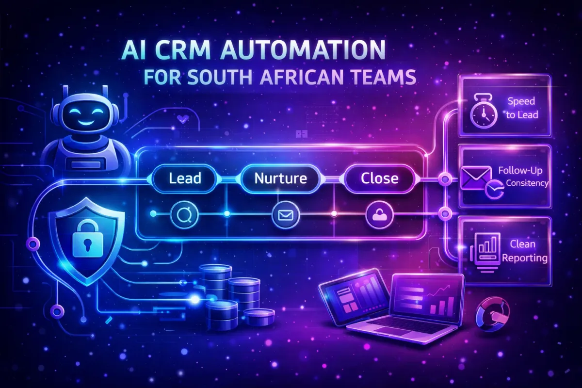 Futuristic dark-blue and purple glassmorphism banner showing “AI CRM Automation for South African Teams” with a glowing workflow pipeline, connected nodes, and KPI cards for speed-to-lead, follow-up consistency, and clean reporting.