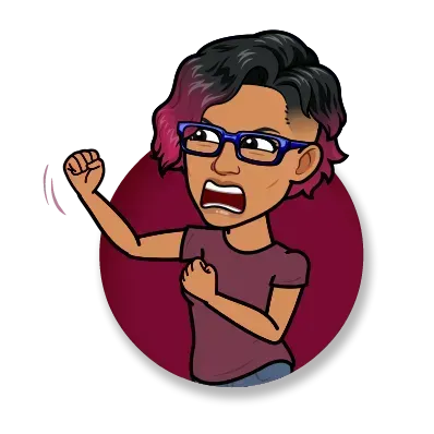 A cartoon character with short black and pink hair, blue glasses, and a maroon t-shirt raises a fist with a fierce expression against a dark red circular background.