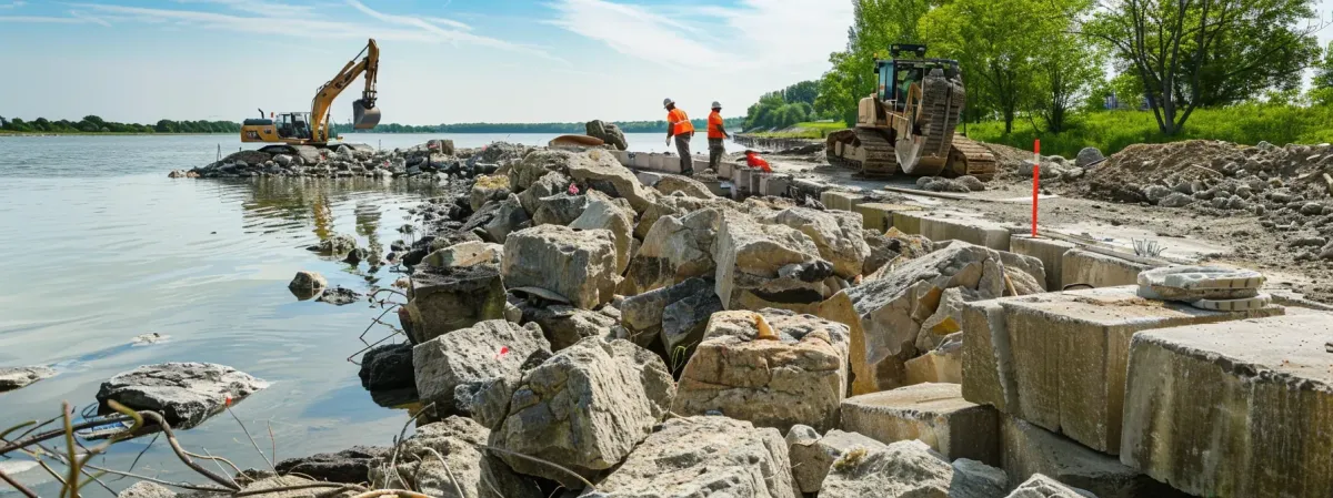 a construction site showcases workers skillfully installing large, rugged boulders and concrete blocks along a shoreline, emphasizing the techniques and precision involved in rip rap installation for effective erosion control.