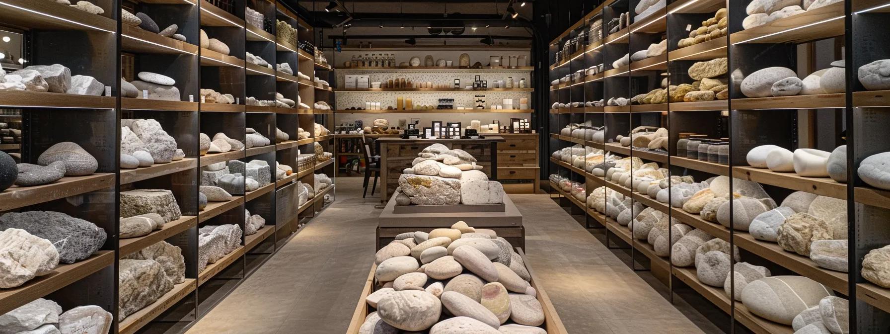 A room/ gallary full of river rock stone and boulders for retaining walls and riprap