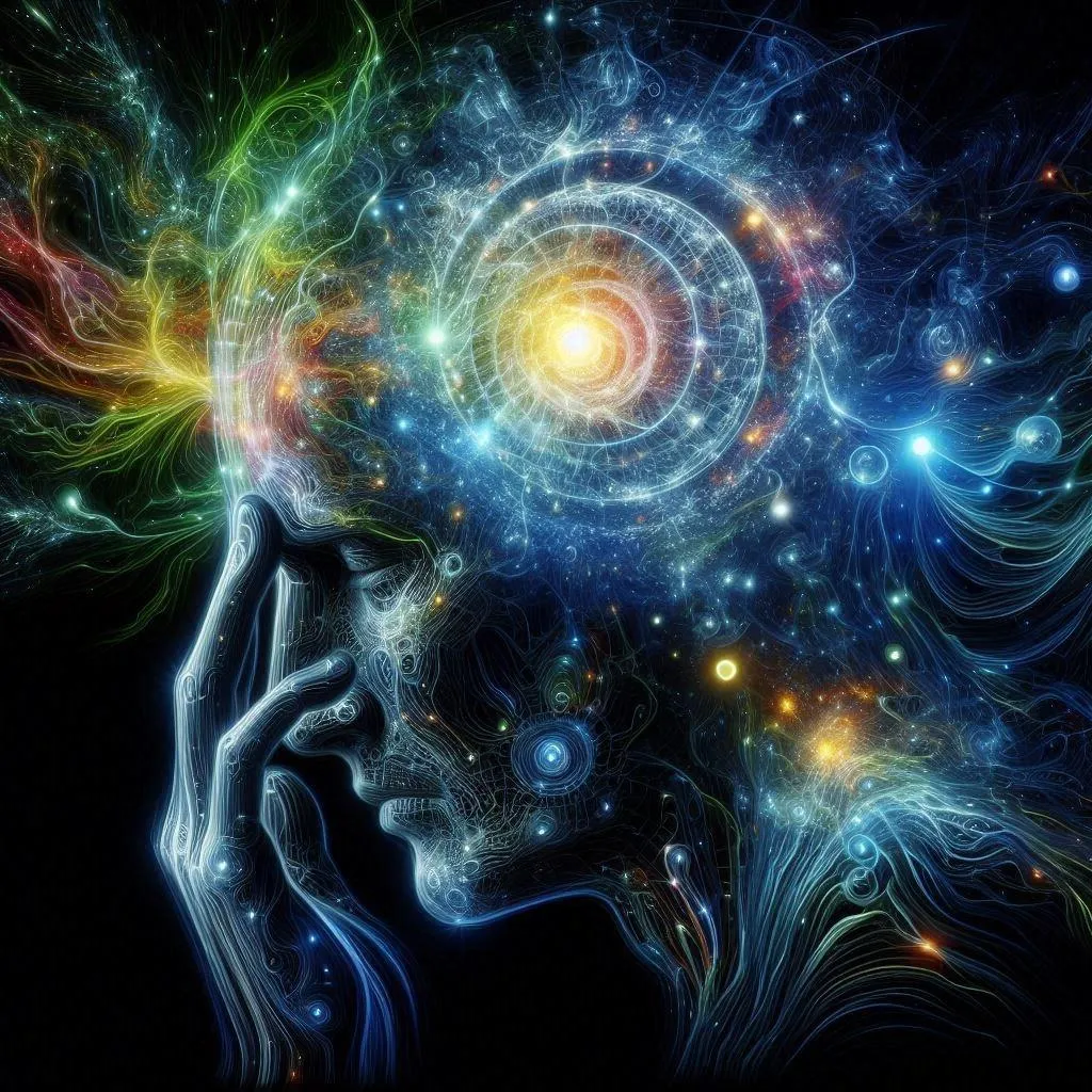 "Illustration of a person deep in thought with swirling, colorful energy patterns representing the mind and universe."