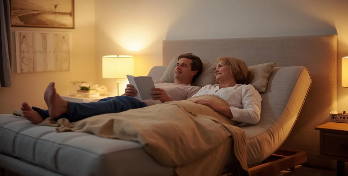 Couple relaxing on an adjustable bed