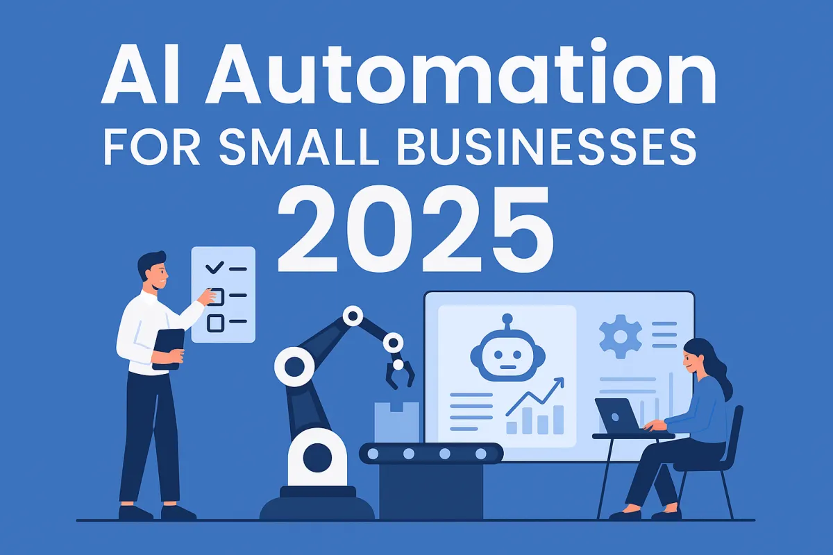 Flat-style digital illustration cover image for “AI Automation for Small Businesses 2025,” featuring a robotic arm handling boxes, a man checking a task list, and a woman managing automation via a laptop, symbolizing workflow automation and business efficiency.
