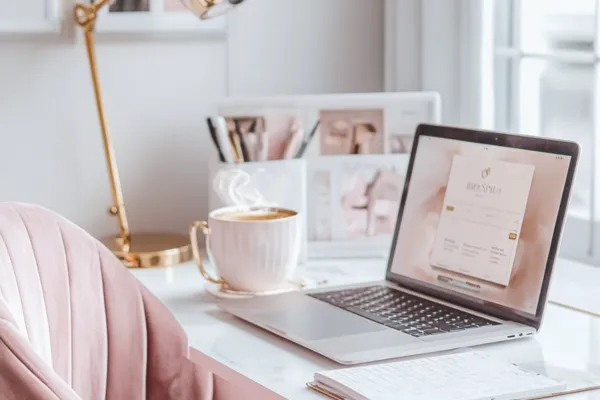 a cozy desk with a laptop and cup of coffee and a pink desk chair depicting passive income ideas working from home