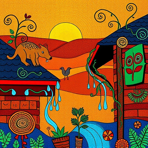 A vibrant Aboriginal art cover image focused on "Gutter Installation," featuring intricate swirling patterns and symbols that represent water flow and drainage. Stylized water droplets are depicted cascading along detailed gutters, surrounded by indigenous flora and fauna symbolizing a well-drained environment. The imagery conveys a playful yet professional mood, inviting viewers into home improvement with a fun twist. Quirky elements include a cheerful platypus peeking out from the gutters and whimsical vines entwined around them, symbolizing harmony with nature. The background displays a dreamy landscape of rolling hills under a glowing sunset, painted in warm earth tones of ochre, deep greens, and blues, emphasizing the significance of water management in a thriving ecosystem. This artwork radiates positivity and creativity, serving as an engaging blog cover appealing to a diverse audience.