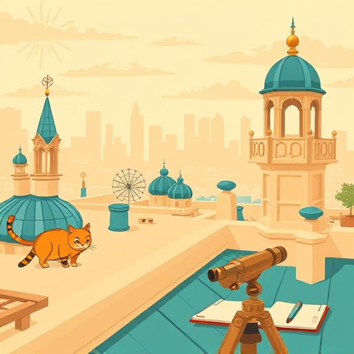 A whimsical Art Deco cover image centered on "Roof Inspections," showcasing an intricately designed rooftop landscape with various architectural details like elegant spires and decorative cornices. In the foreground, a vintage-style telescope points skyward, symbolizing scrutiny. The scene is illuminated by soft, golden hues with contrasting teal accents, creating a sophisticated atmosphere. A small, cartoonish cat peeks over the roof edge, adding a playful touch, while vintage binoculars are placed next to a notepad and pencil, suggesting thorough inspections. The background features a serene city skyline with clouds styled in Art Deco patterns, highlighting meticulous attention to detail. The clean lines and geometric shapes of Art Deco convey professionalism, making it an inviting cover for a blog focused on roof inspections.