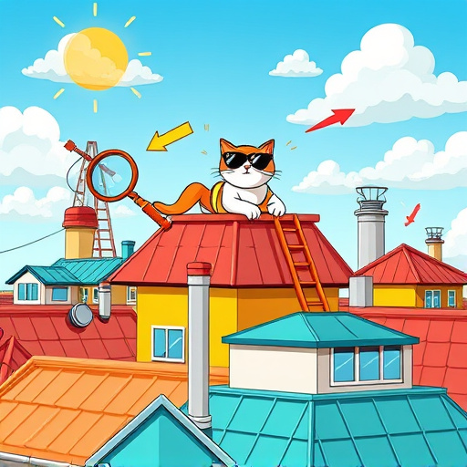 Colorful PopArt-style blog cover image about "Roof Inspections," featuring whimsical rooftops in various shapes and bright colors like turquoise, sunny yellow, and fiery red. Oversized inspection tools, including a giant magnifying glass and bright orange ladder, are playfully positioned on the roofs, suggesting thorough examination. The backdrop features a sunny blue sky with fluffy clouds, enhancing the cheerful mood, while graphic elements like arrows and checkmarks signify the inspection process. A cartoonish cat lounges on a rooftop wearing oversized sunglasses, symbolizing safety and comfort at home. The vibrant composition combines playful elements with a sense of professionalism, inviting readers to engage with the topic of roof inspections.