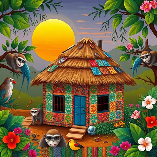 A vibrant traditional African art scene depicting the theme of "Roof Replacement." The image features a central house with an intricately designed thatched roof, partially replaced with bright, patterned tiles that showcase local artistry. Surrounding the house are whimsical animals, including playful monkeys and colorful birds, adding a light-hearted vibe. The scene embodies renewal and community effort, framed by lush greenery and blooming flowers in rich earth tones, bright blues, and vibrant reds, evoking warmth and positivity. In the background, a stylized sun dips low, casting golden rays that enhance the twilight magic of the artwork. Unique motifs, including small tools embedded in the patterns, hint at the roof replacement task while celebrating community craftsmanship and resilience. The overall atmosphere is inviting and cheerful.