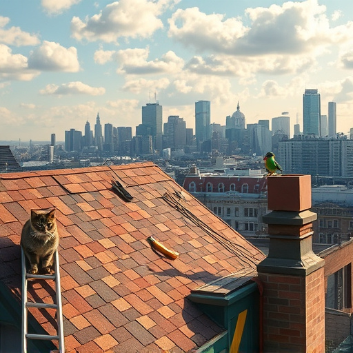 A hyperrealistic image of a rooftop under renovation, highlighting a vibrant city skyline in the background. The partially replaced roof displays a mix of new shingles, while tools such as a ladder, tape measure, and hammer are scattered around, indicating ongoing work. Soft natural light filters through scattered clouds, creating inviting shadows that enhance the calm yet industrious atmosphere. In the foreground, playful elements include a curious cat peeking over the edge and a colorful bird perched on a chimney, adding a quirky touch. The warm color palette features rich browns from the wood combined with bright blue and green accents, evoking a sense of warmth and stability as it showcases the transformation of a home. The background shows a blend of modern skyscrapers and historical buildings, reinforcing the urban feel while keeping the focus on the roof replacement.