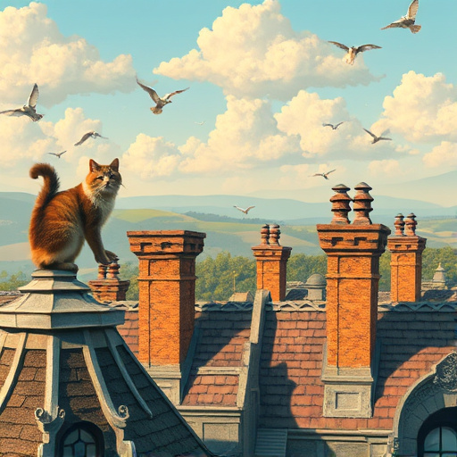 A detailed blog cover image themed around "Roof Inspections" showcases a Baroque-style rooftop scene with vintage rooftops featuring ornate chimneys and decorative finials, intricately designed with exaggerated curves and rich textures. In the foreground, a curious cat with shimmering fur sits atop one of the rooftops, adding a playful yet regal touch. The whimsical atmosphere is enhanced by fluffy clouds in soft pastel shades, which gently cast shadows on the rooftops. An oversized set of binoculars on a chimney supports the inspection theme with a quirky flair. The background includes rolling hills and delicate birds, contributing to a lively ambiance. The color palette combines rich golden hues and muted greens, with deep blues for depth, creating a light-hearted yet sophisticated mood. Overall, the composition captures a harmonious blend of whimsy and artistry, perfectly aligned with the theme of roof inspections.