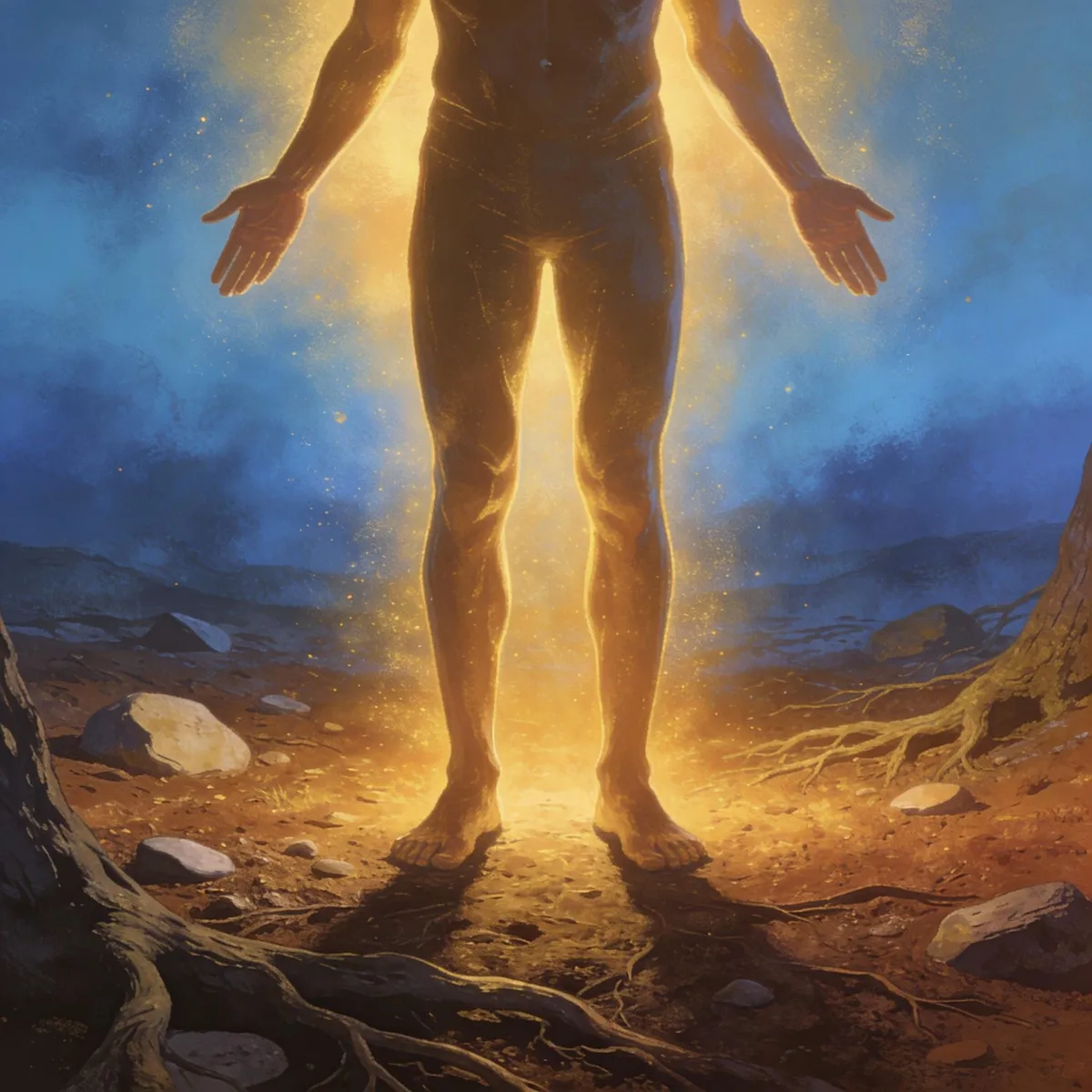 A grounded, embodied figure with feet firmly planted on rich earth. Warm golden light envelops them while cooler tones recede—visually representing nervous system regulation and the shift toward safety. Feeling: Stability, resilience, grounding