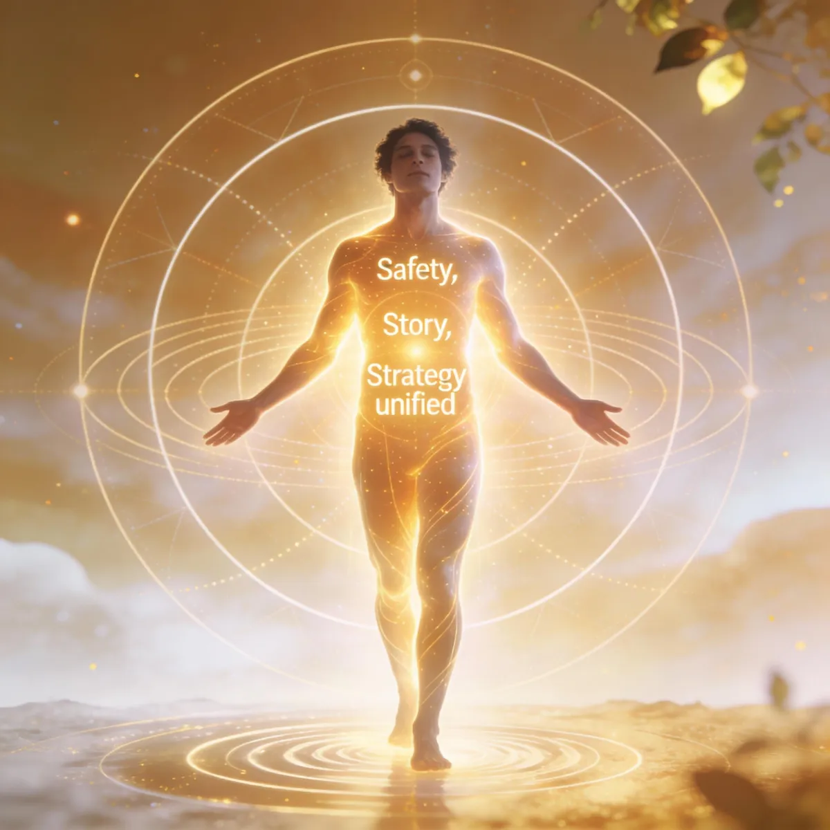 A luminous, fully present person radiating wholeness. Warm integrated light surrounds them with concentric circles suggesting the three pillars unified. Suggests both embodied presence and engaged connection. Feeling: Completion, aliveness, authentic presence, integration