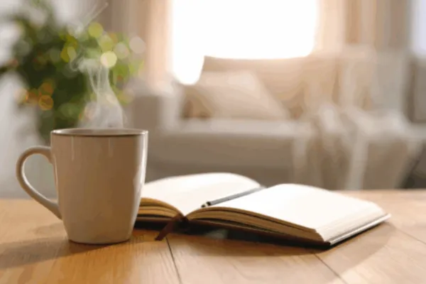 Hot cup of coffee sitting next to an open notebook.