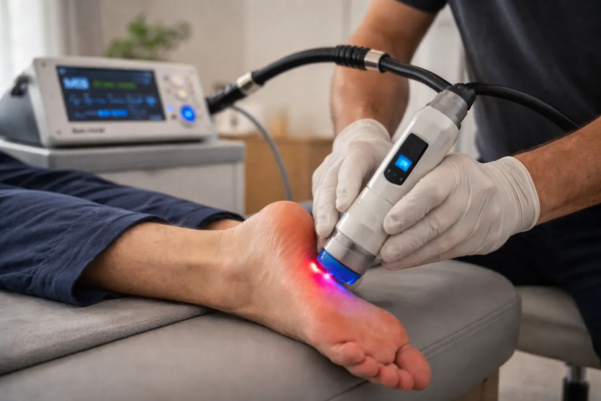 Clinician using Class IV laser therapy on the heel to treat chronic plantar fasciitis in a modern treatment room