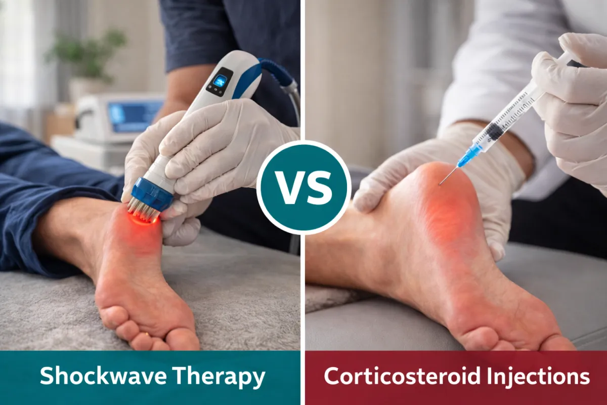 Comparison concept showing non-invasive shockwave therapy versus injection treatment for chronic heel pain