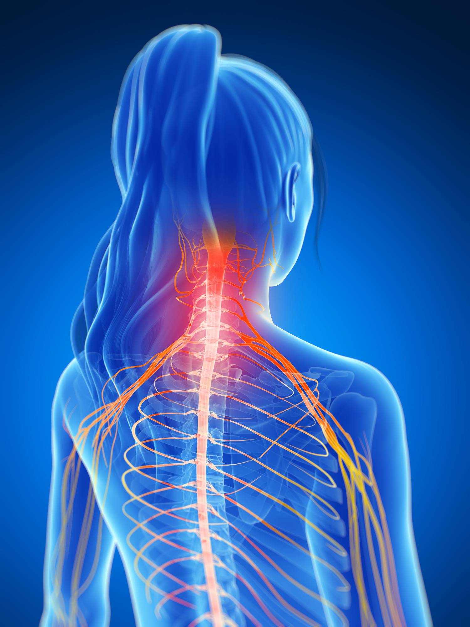 Person seated at home holding the side of their neck while experiencing pain radiating into the shoulder and upper arm