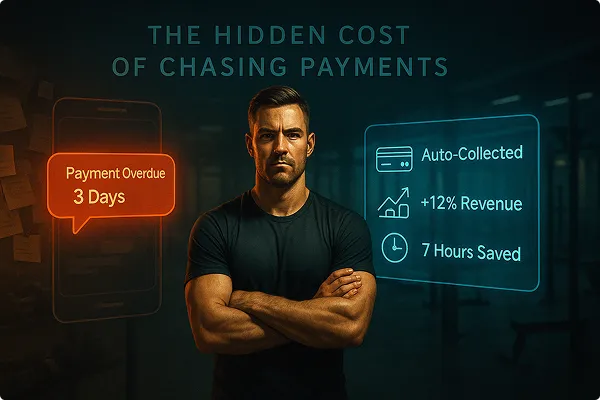 A stressed personal trainer checking a phone while holding a gym clipboard, symbolizing the frustration of chasing client payments manually.