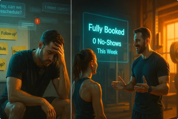 Split-scene gym setting showing a stressed trainer juggling texts and a calendar on one side, and a calm trainer reviewing a glowing self-booked appointment dashboard on the other—visualizing the shift from chaos to control through automation.