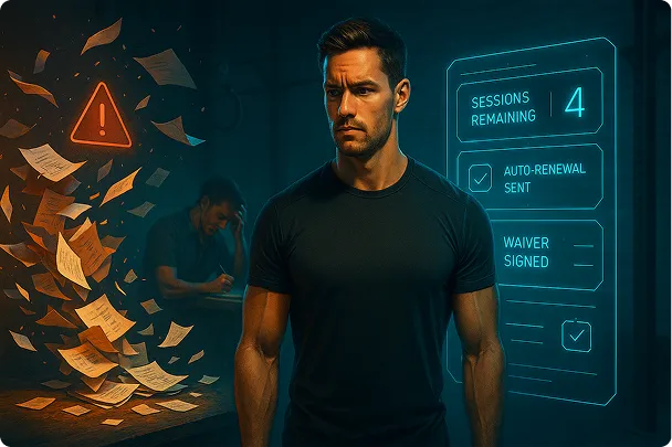 A frustrated personal trainer flipping through a messy notepad at a gym desk, surrounded by handwritten client records, with a faint overlay of a digital QR code and session tracker icons symbolizing outdated vs modern systems.