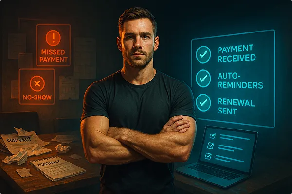 Split-screen gym scene showing a stressed personal trainer buried in paperwork on one side, and the same trainer confidently coaching with a glowing automation dashboard behind them on the other—representing the transformation through automation.