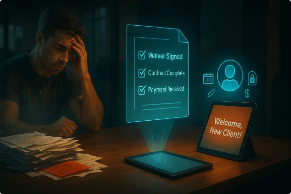 Split-screen of a fitness trainer buried in client paperwork on one side, and confidently coaching with digital onboarding tools on the other—symbolizing the transformation from manual to automated systems.