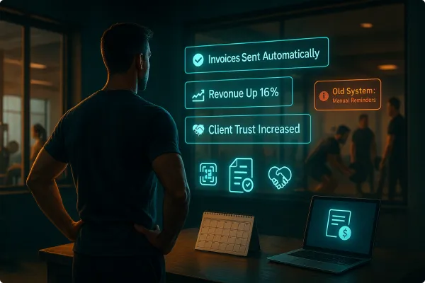 Split-scene visual showing a stressed trainer awkwardly discussing session payments with a client on one side, and the same trainer confidently coaching while a glowing screen in the background displays “Invoice Sent | Payment Received” on the other—illustrating the transformation from manual invoicing to automation.