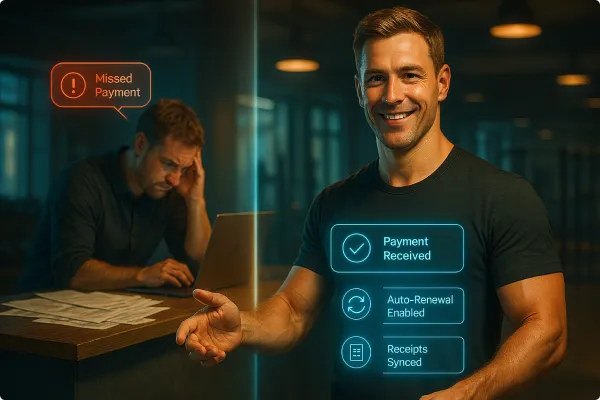 Photorealistic gym scene showing a trainer smiling while holding a tablet displaying a glowing dashboard with client payments confirmed, contrasted with a faded past version of the trainer surrounded by paper receipts and a cluttered desk—symbolizing the transition from manual to automated payment systems.
