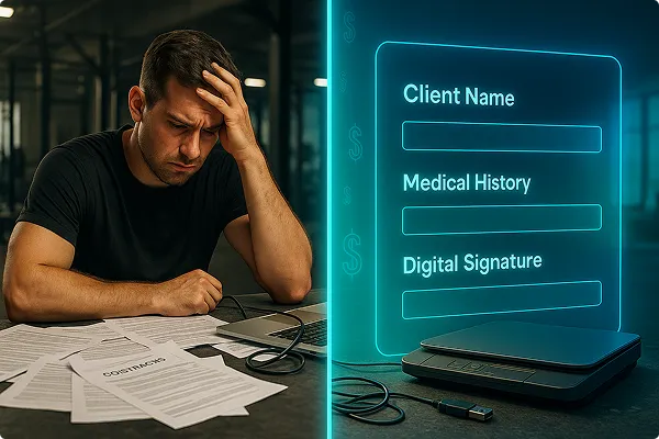 A frustrated personal trainer holding printed client forms while sitting at a desk, surrounded by paperwork, symbolizing outdated onboarding processes and lost productivity.