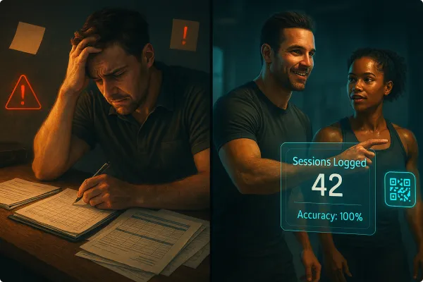 Cinematic split-screen image: Left side shows a frustrated trainer flipping through a clipboard and messy paper logs; right side shows the same trainer beside a sleek QR scan station, smiling as a client checks in. Floating UI icons show “Session 14 of 20,” “Renewal Triggered,” and “100% Accuracy.” Digital glow and fitness studio background with a subtle data grid overlay.